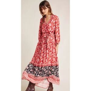 Anthro Mauve Melina Maxi Dress Women Small Red Floral Print Prairie Cottage Core